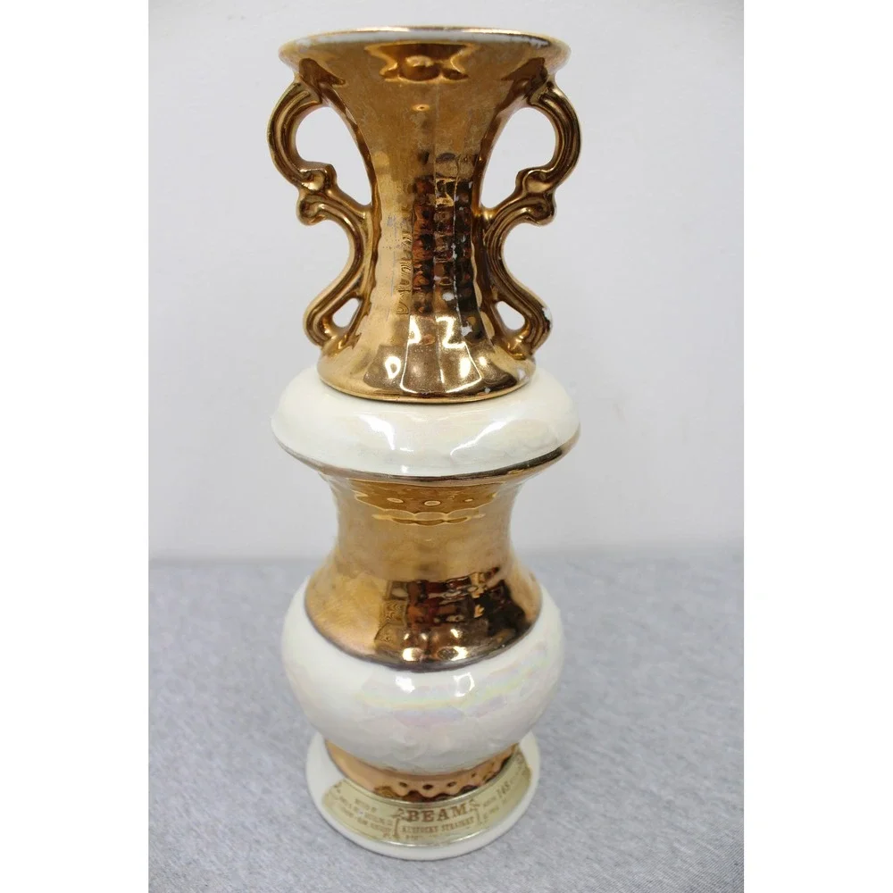 Jim Beam Decanter Gold White 145 Month Aged Bourbon Whiskey Urn Vintage